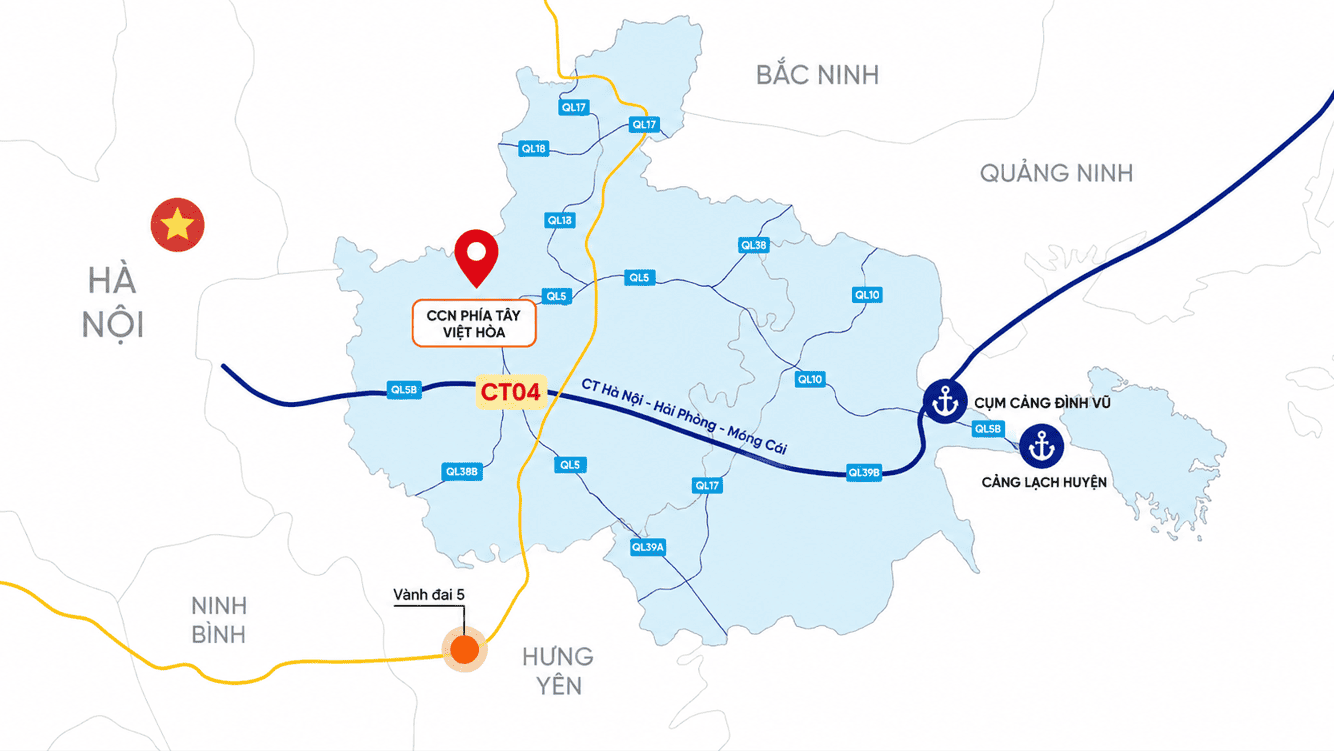 Cụm Công nghiệp phía Tây Việt Hòa được thành lập theo Quyết định số 981/QĐ-UBND ngày 11/04/2024 của UBND tỉnh Hải Dương cũ. Dự án sau đó được UBND tỉnh Hải Dương phê duyệt Quy hoạch chi tiết xây dựng tỷ lệ 1/500 tại Quyết định số 3465/QĐ-UBND ngày 23/6/2025 và chấp thuận chủ trương đầu tư tại Quyết định số 2686/QĐ-UBND ngày 27/6/2025 của UBND tỉnh Hải Dương. Ngày 16/3/2026, dự án được UBND phường Việt Hòa phê duyệt điều chỉnh cục bộ Quy hoạch chi tiết xây dựng tỷ lệ 1/500 tại Quyết định số 330/QĐ-UBND. Cụm Công nghiệp phía Tây Việt Hòa
